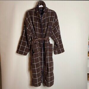 VTG Nautica Thick Brown Plaid Square Heavyweight Pocket Terry Cloth Bath Robe OS